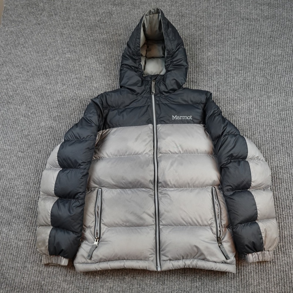 Marmot Jacket Kids Large Gray Black Hooded 700 Fill Down Puffer Full Zip Coat